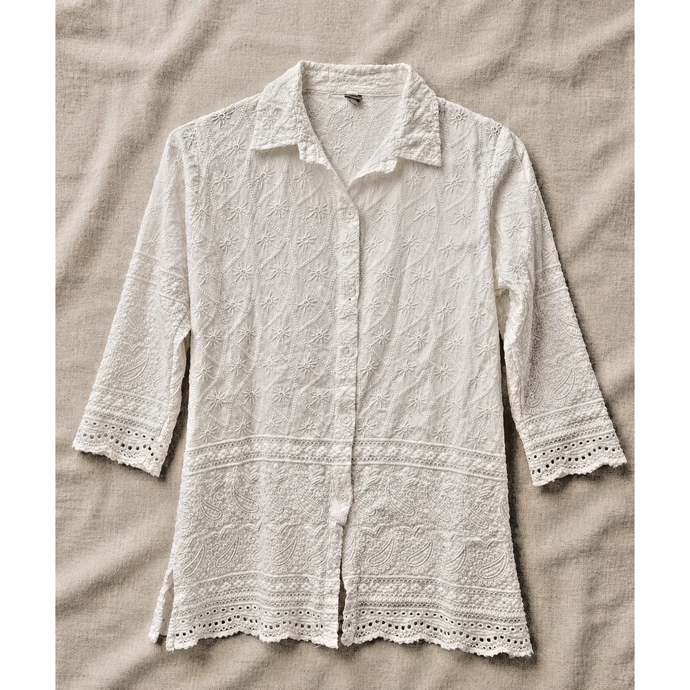 White Boho Cottagecore Tunic Top Embroidered Blouse Beach Cover Women's Sz M/L